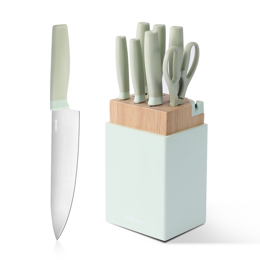 CAROTE Kitchen Knife Set with Block and Sharpener, Dishwasher Safe Knife Block Set 9Pcs, Forged Cutlery with Razor-Sharp Stainless Steel Blades, Green
