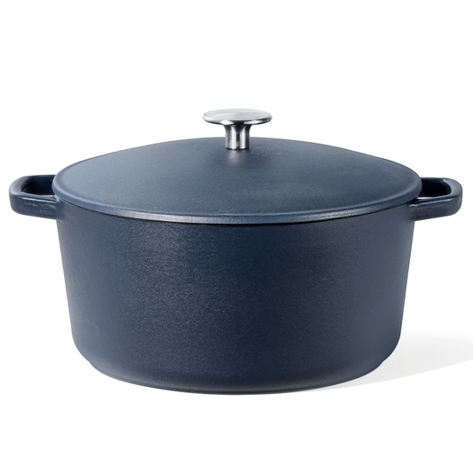 CAROTE 6 誇脫搪瓷鑄鐵荷蘭烤箱鍋，帶蓋，烤箱安全溫度高達 500°F，鑄鐵鍋寬而平坦的烹飪表面，帶有大手柄金屬旋鈕，鎖住營養，易於清潔，藍色