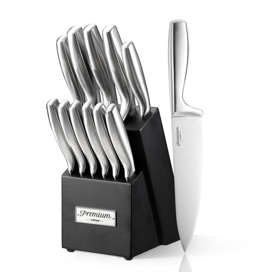 CAROTE 12PCS Knife Set, Stainless Steel Kitchen knife Set with Wooden Block, Dishwasher Safe Cutlery, Include Chef Knife, Bread Knife, Utility Knife, Paring Knife