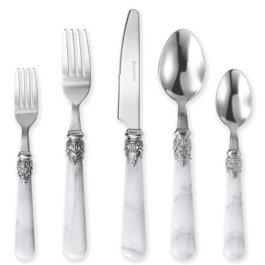 Carote Silverware Set for 4, 20 Pcs Stainless Steel Flatware Set,Mirror Polished Cutlery Utensil Set Including Knife Fork Spoon with Silver Embossed Marbled Handle, White