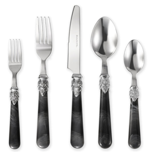 Carote Silverware Set for 4, 20 Pcs Stainless Steel Flatware Set,Mirror Polished Cutlery Utensil Set Including Knife Fork Spoon with Silver Embossed Marbled Handle, Black