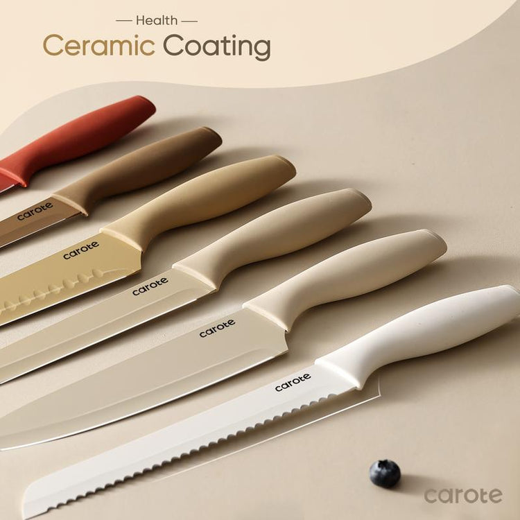 CAROTE 12 件廚房刀具套裝，不銹鋼刀具套裝，帶不沾陶瓷塗層，防鏽，棕色