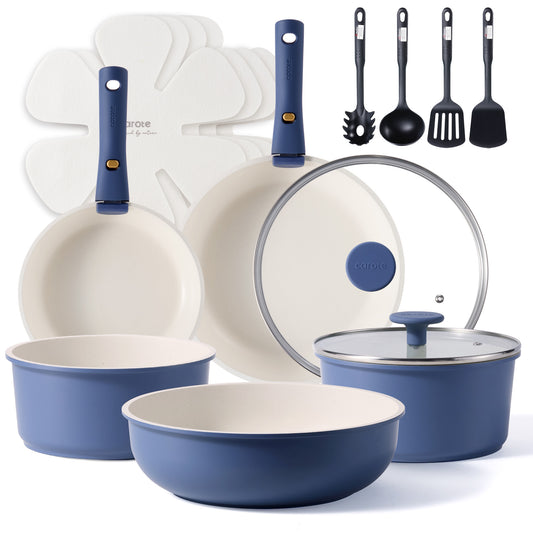 CAROTE 17PCS Pots and Pans Set Non Stick, Nonstick Cookware Sets, Induction Cookware with Detachable Handle, Dishwasher Safe, RV Cooking Pot and Pan, Prussian Blue