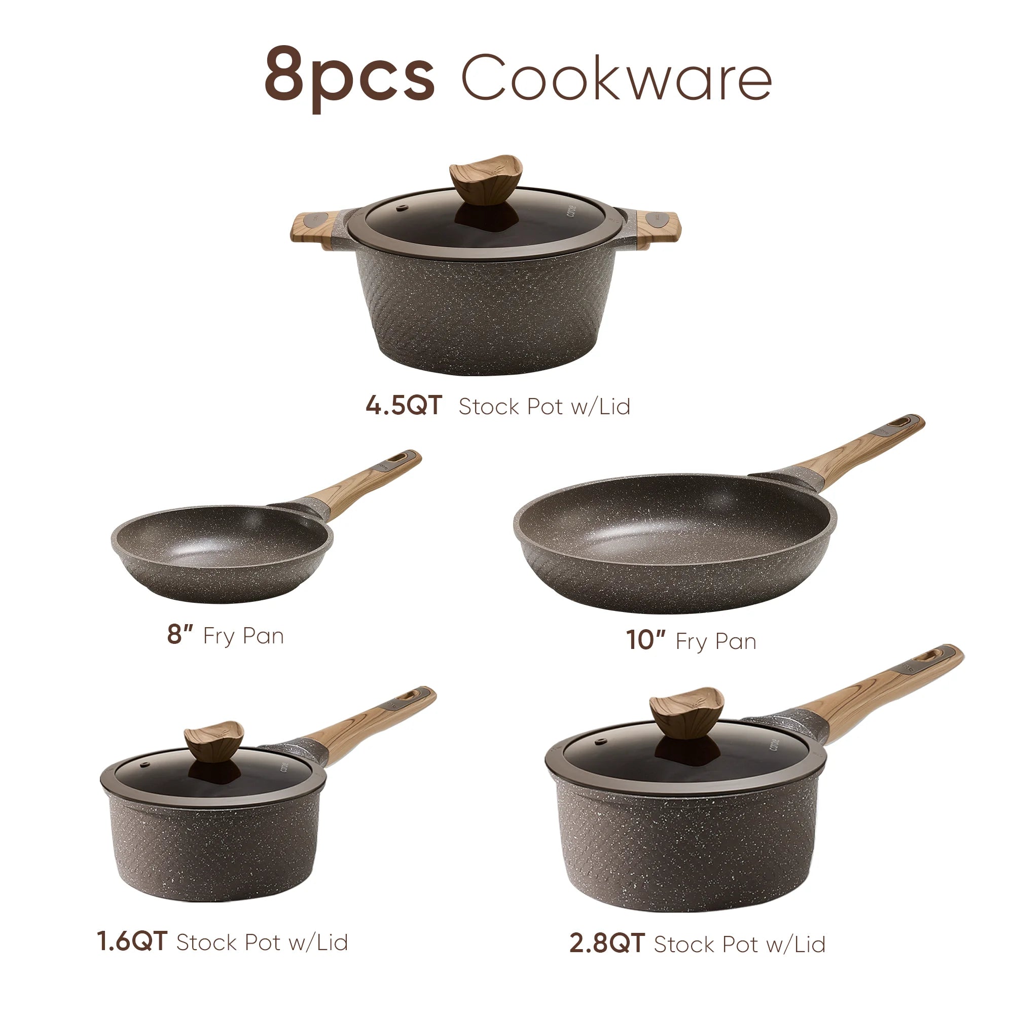 Carote Nonstick Granite Cookware Sets, 8Pcs Brown Pots and Pans, Induction Kitchen Cooking Set