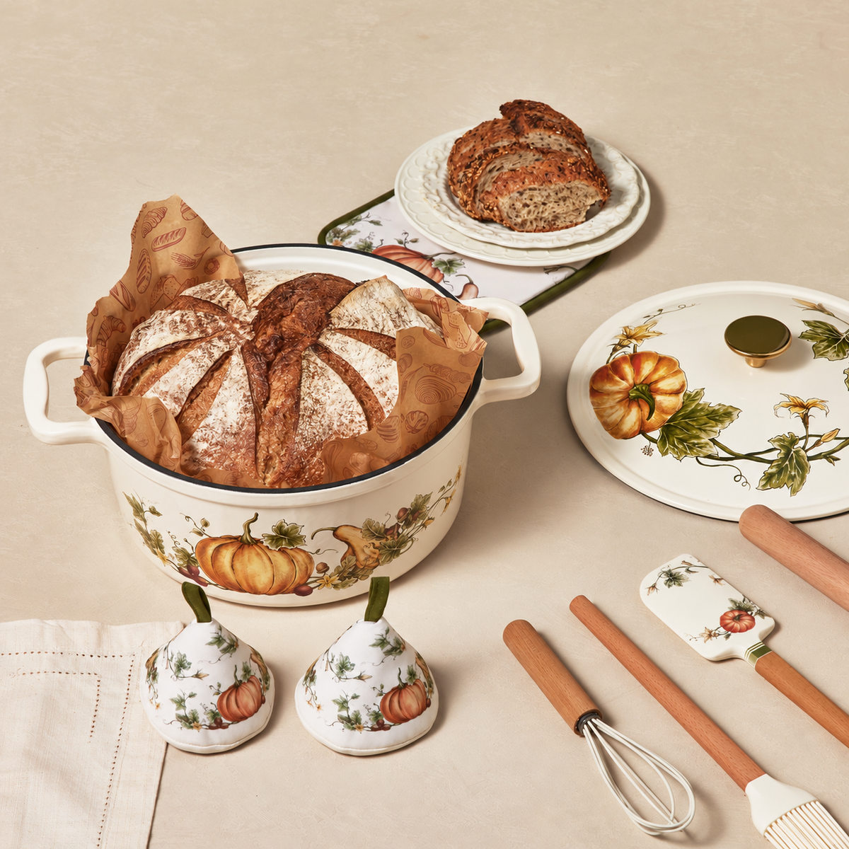 Pumpkin-Shape 7-Piece Enameled Dutch Oven Set