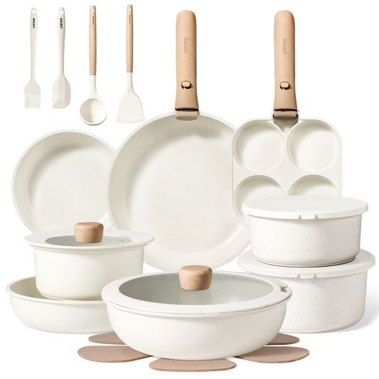 CAROTE 25pcs Pots and Pans Set Non Stick, Cookware Sets, Kitchen Set, Oven/Dishwasher/Fridge Safe, Space Saving Pots Set, Nonstick Set with Versatile Detachable Handle, Induction RV Set, Cream