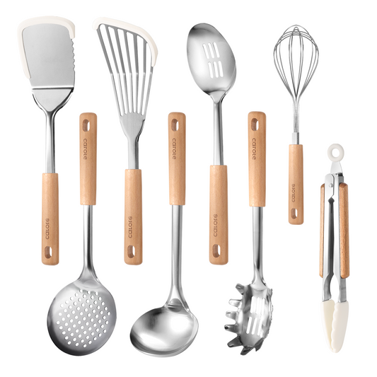 CAROTE Stainless Steel Kitchen Utensils Set,8 pcs Cooking Utensils Set with Wooden Handle, Heat Resistant Kitchen Gadgets for Nonstick Pots and Pans, Tongs, Spatula, Whisk