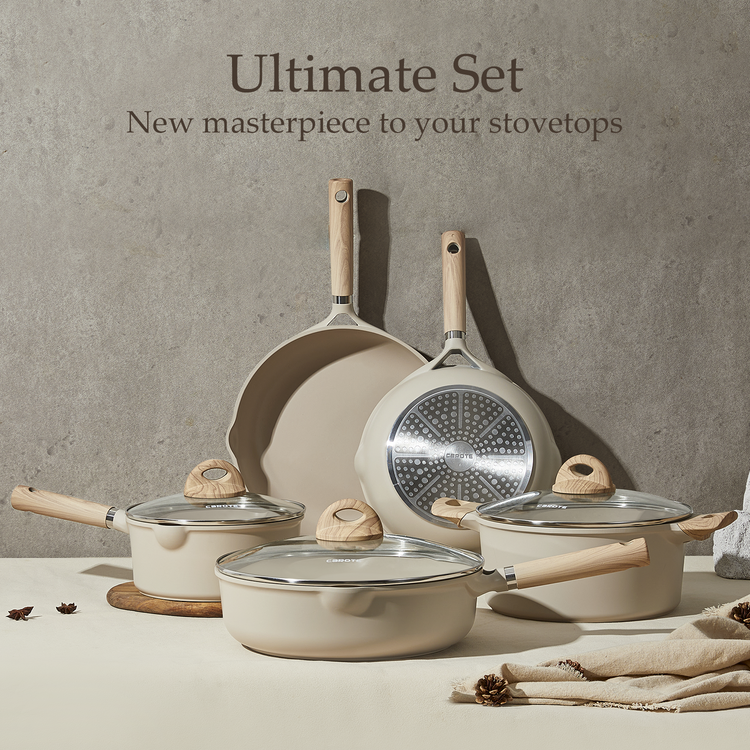 Carote Nonstick Pots and Pans Set, 8 Pcs Induction Kitchen Cookware Sets(Taupe Granite)