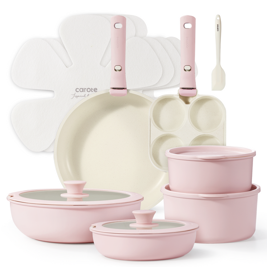 Carote 17pcs cookware set with detachable handle-pink