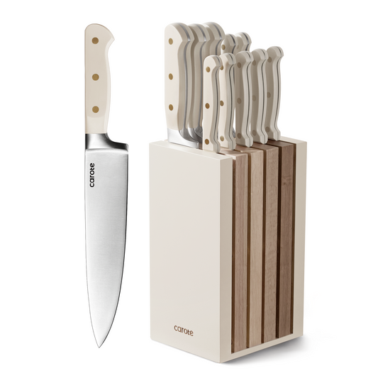 CAROTE 11PCS Knife Set with Block for kitchen, Stainless Steel Razor-Sharp Blade, Triple Riveted Ergonomic Handle,Essential Knife Set, Beige