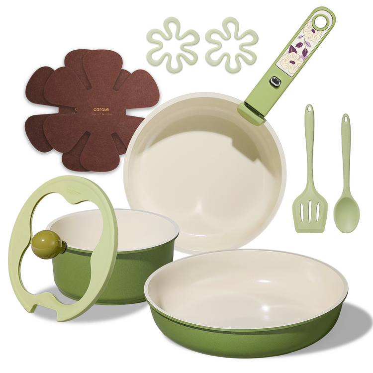 CAROTE 11pcs Ceramic Cookware Set, Pots and Pans Set Non stick, Induction Kitchen Cookware with Removable Handle, Oven Safe, RV/Camping Cookware, PFOA Free, Green