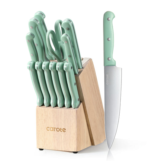 CAROTE 14 Pieces Knife Set with Block, Forged, High Carbon Stainless Steel Sharp Blade Block Knife Set, Dishwasher Safe Cutlery, Green