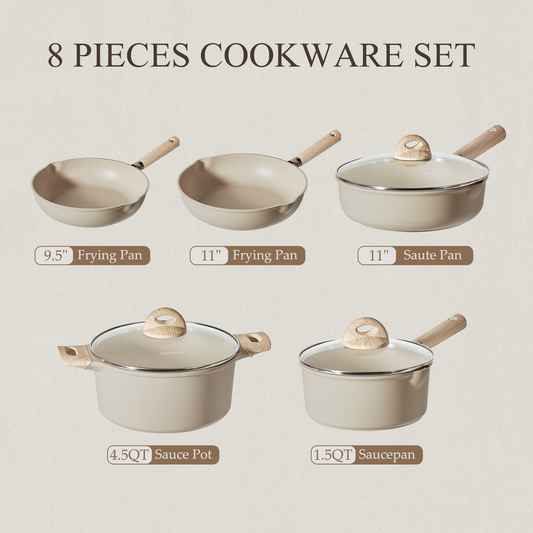 Carote Nonstick Pots and Pans Set, 8 Pcs Induction Kitchen Cookware Sets(Taupe Granite)