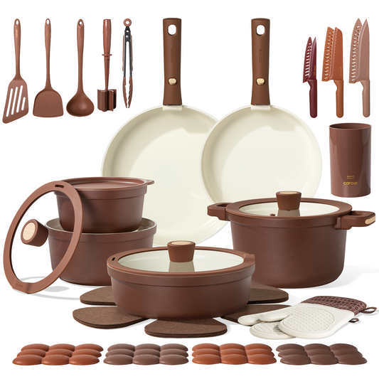 CAROTE 34pcs Ceramic Cookware Set with Kitchen Essentials, Detachable Pots and Pans Set Non Stick, Non Toxic Oven/Dishwasher Safe, Induction Cooking, Gift Set, Includes Knife/Utensil Set