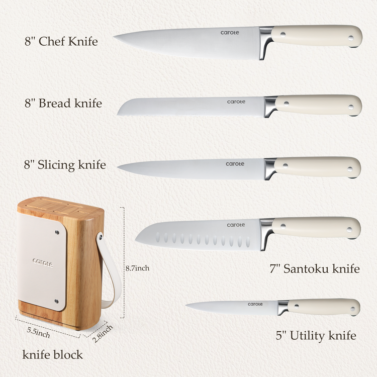 CAROTE 6PCS Knife Set for Kitchen with Block, Stainless Steel Blade for Precise Cutting, Razor-Sharp,Essential Knife Set,White