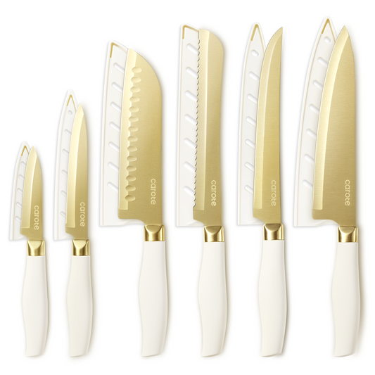CAROTE 12PCS Kitchen Knife Set, Stainless Steel Knife Set With Nonstick Gold Surface, Dishwasher Safe with 6 Blade Guards, Rustproof Cutlery Set