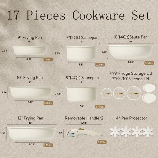 CAROTE 17pcs Pots and Pans Set, Nonstick Cookware Set Detachable Handle, Kitchen Cookware Sets with Removable Handle, RV Cookware Set, Oven Safe