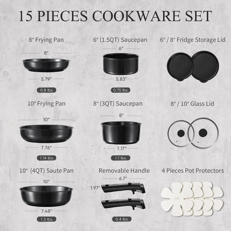 CAROTE 15-Piece Ceramic Nonstick Cookware Set, Pots and Pans with Detachable Handle, Black