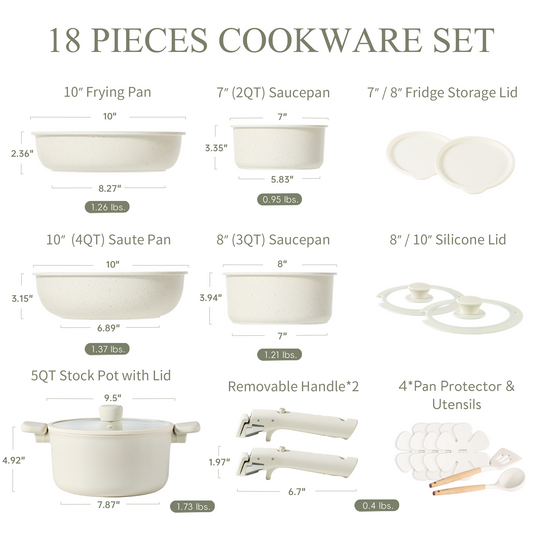 CAROTE 18 pieces Pots and Pans Set Non Stick Cookware Set with Detachable Handle