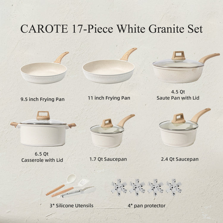Carote Nonstick Pots and Pans Set, 17 Pcs Granite Stone Kitchen Cookware Sets (White)