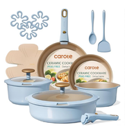 CAROTE 18Pcs Pots and Pans Set, Titanium kitchen Pan Set, Nonstick Cookware Set Detachable Handle, Induction kitchen cookware Non Stick, RV Cookware Sets, Oven Safe, Blue