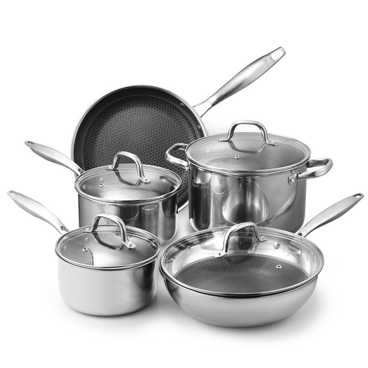 CAROTE Tri-Ply Stainless Steel Cookware Set, 9Pcs Stainless Steel Pots and Pans with Tempered Glass Lids, Stay-Cool Handles, Dishwasher and Oven Safe up to 500°F