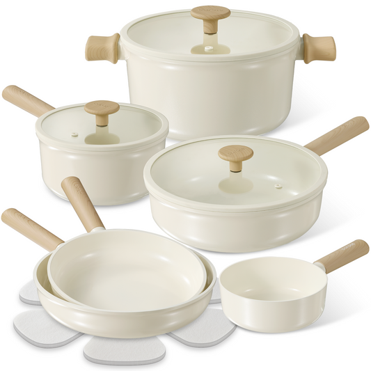 CAROTE Ceramic Pots and Pans Set, 14pcs Cookware Set, Non-toxic Healthy Non Stick Cooking Set, with Frying Pans Set，Cream