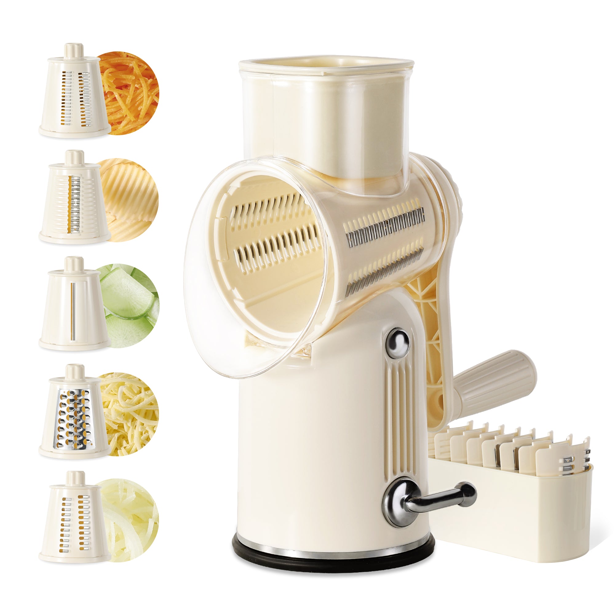 CAROTE Rotary Cheese Grater with Hand Crank & Strong Suction Base, Preservea 5 in 1 Rotary Grater Vegetable Slicer for Kitchen, Cheese Shredder and Food Chopper with Container, 5 Sharp Blades