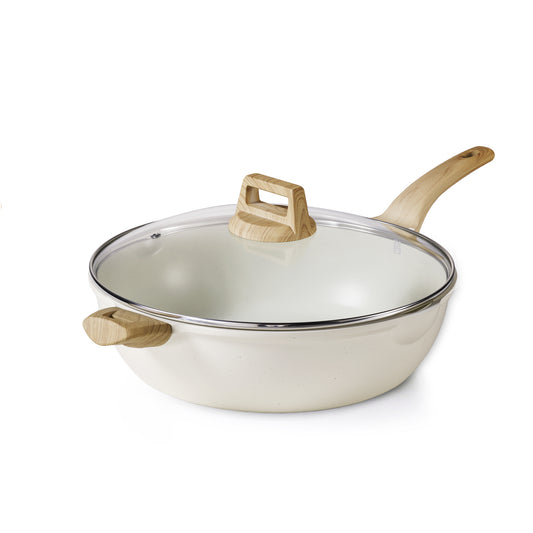CAROTE 12.5Inch Nonstick Deep Frying Pan with Lid, 6.5 Qt Jumbo Cooker Saute Pan with Pour Spout, Skillet Induction Cookware, Non Stick Cooking Pan Kitchen Pan PFOA Free, White Granite [图片]