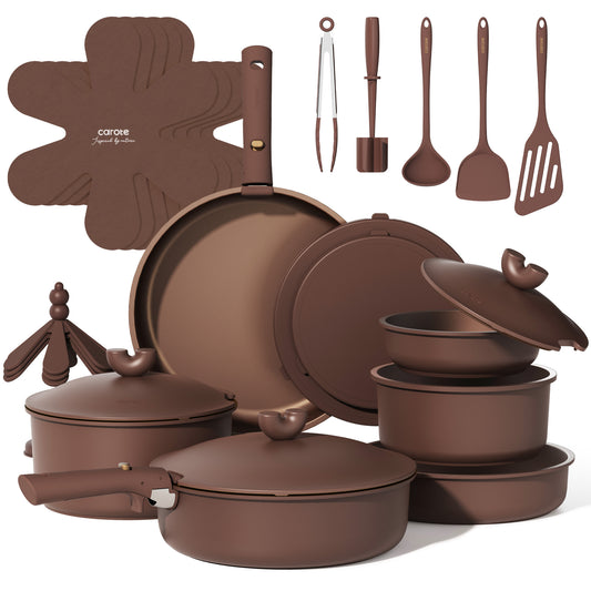CAROTE 27pcs Pots and Pans Set Non Stick, Gift Set Nonstick Cookware Die-cast Aluminum Detachable Handle, Dishwasher/Oven Safe, Induction Cooking Pot and Pan Sets, Coffee, RV Kitchen Cookwares