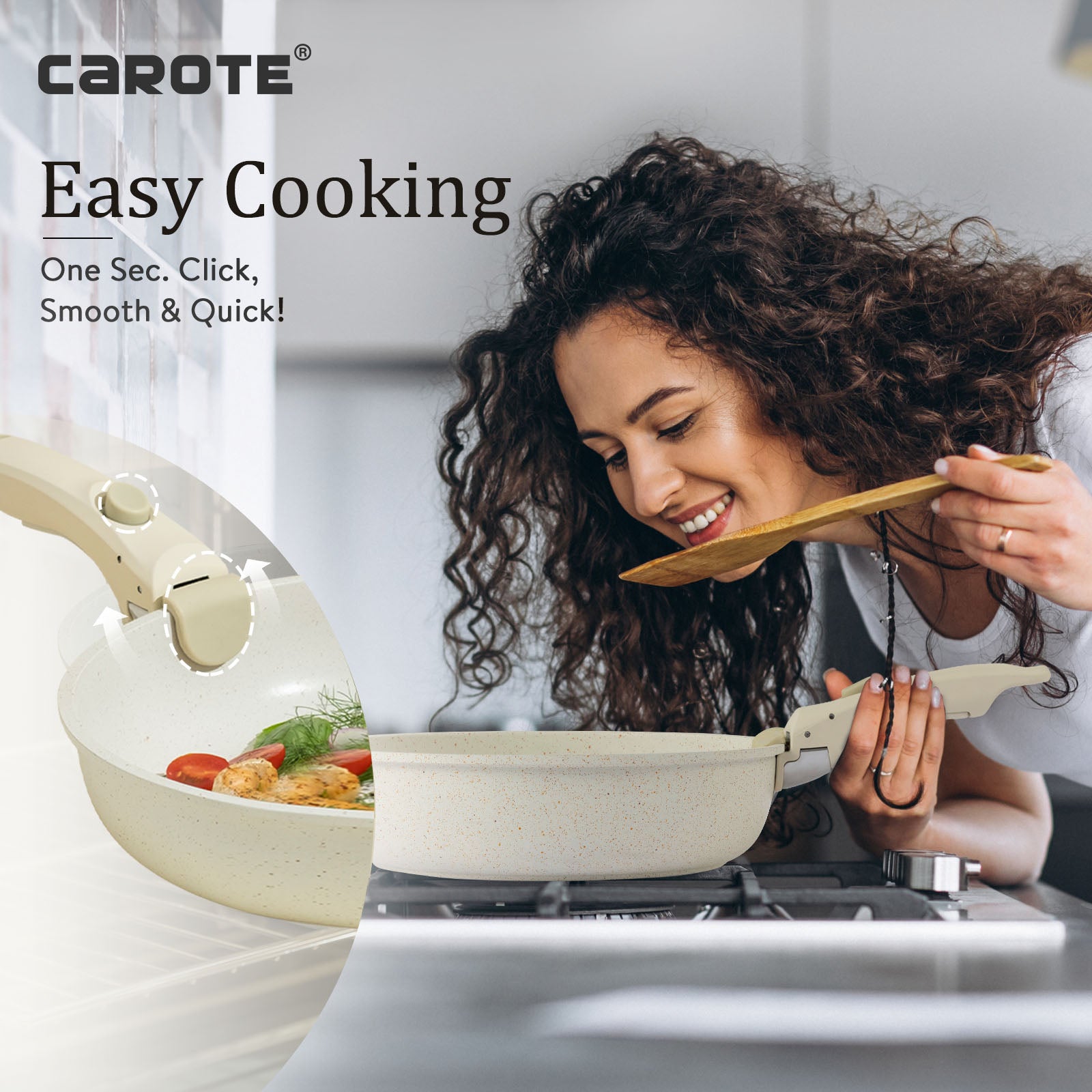 CAROTE 5-Piece Nonstick Cookware Set with Detachable Handles - White