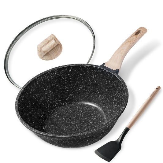 CAROTE 3pcs Saute Pan cookware with lid and wooden utensil