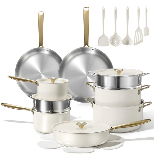CAROTE 24pcs Tri-Ply Stainless Steel Cookware Set, Pots and Pans Set, Non Stick Induction Kitchen Cooking Sets, Outer Ceramic Layer, Nonstick Cookware Collection, with Utensil, Cream White