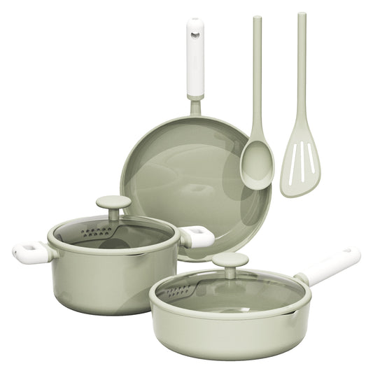 CAROTE Pots and Pans Set Nonstick, Ceramic Cookware Set, Green Cooking Set Kitchen Induction Set with Steamer, PFAS PTFE Free,9 Piece