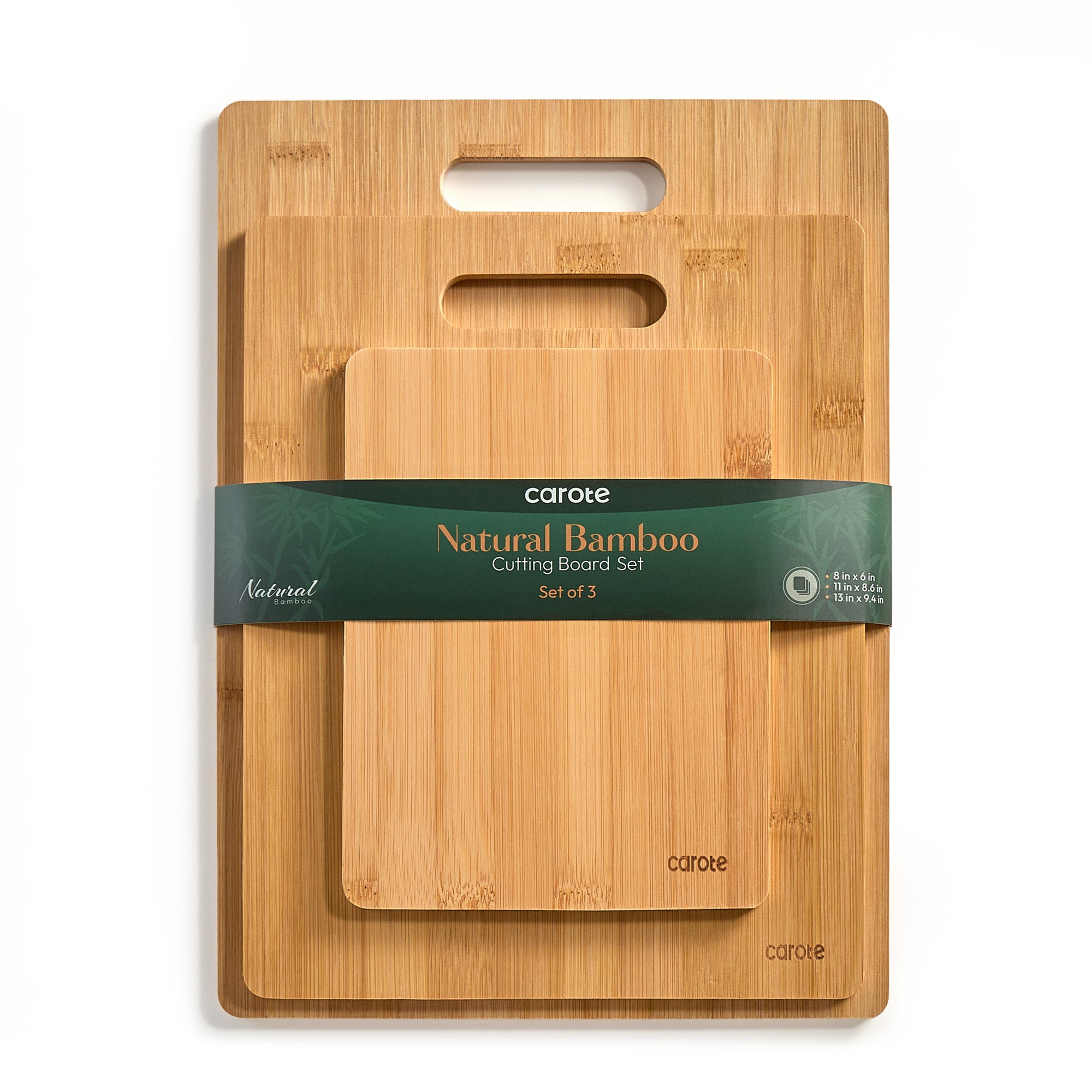 CAROTE 3pcs Bamboo Cutting Boards for Kitchen, Wood Cutting Board Set with Handle Ideal Charcuterie & Chopping for Meat, Vegetables & Fruit (Pre Oiled, Solid Bamboo)