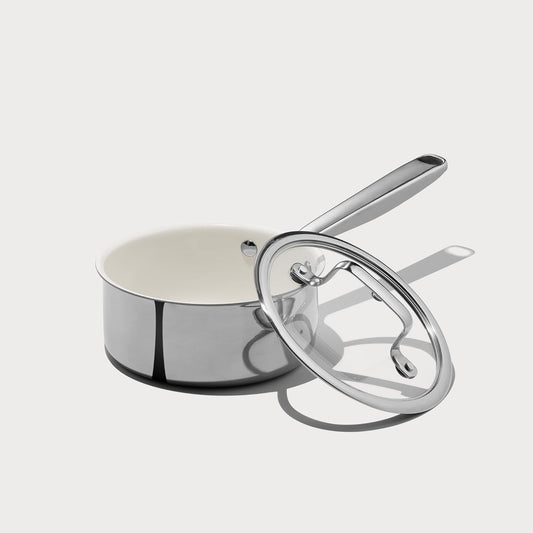 CAROTE 2QT Ceramic Non Stick Sauce Pan with Lid,3-Ply Stainless Clad with Stay-Cool Handle,Non-toxic,Dishwasher Safe,Fits all stoves,Stay Cool Handle, PFOA PFAS Free