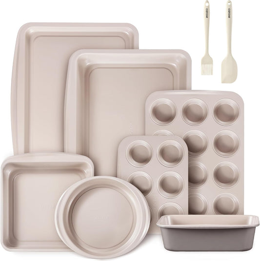 CAROTE 9-Piece Nonstick Stackable Baking Pans Set - Bakeware Sets Including Cookie Sheets for Baking, Muffin Pan, Bread Pan, Cake pan, Loaf Pan, Roasting Pan, Gray & Khaki