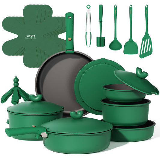 CAROTE 27pcs Pots and Pans Set Non Stick, Gift Set Nonstick Cookware Die-cast Aluminum Detachable Handle, Dishwasher/Oven Safe, Induction Cooking Pot and Pan Sets, Green, RV Kitchen Cookwares