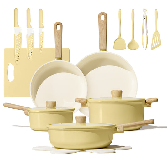 CAROTE 24pcs Ceramic Cookware Set, Pots and Pans Non Stick Kitchen Cookware Sets, Pots and Pans Set Cooking Set with Knife Set