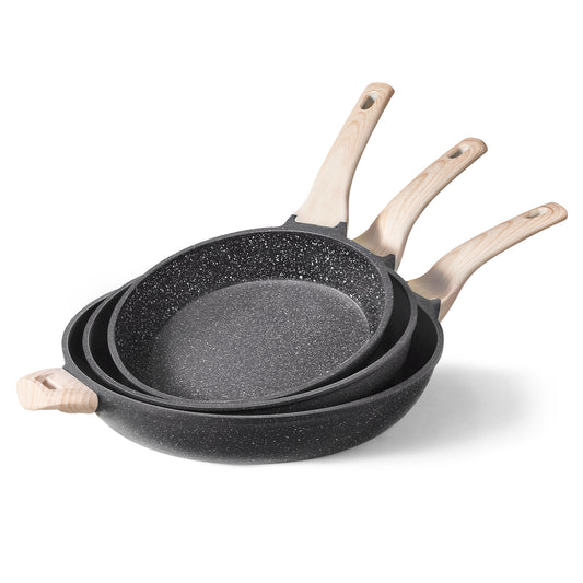 CAROTE 3pans Cookware Set Frying Pan Black Granite Kitchen Cookwares Set