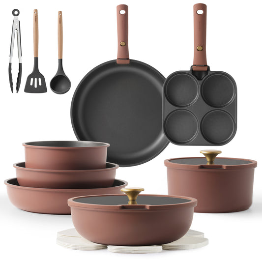 CAROTE 19pcs Pots and Pans Set, Nonstick Cookware Set Detachable Handle, Induction Kitchen Cookware Sets Non Stick with Removable Handle, RV Cookware Set, Gold and Burgandy