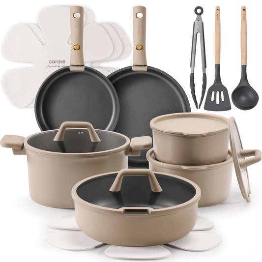 CAROTE 21pcs Pots and Pans Set Non Stick, Cookware Sets, Kitchen Set, Oven/Dishwasher/Fridge Safe, Space Saving Pots Set, Nonstick Set with Versatile Detachable Handle, Brown