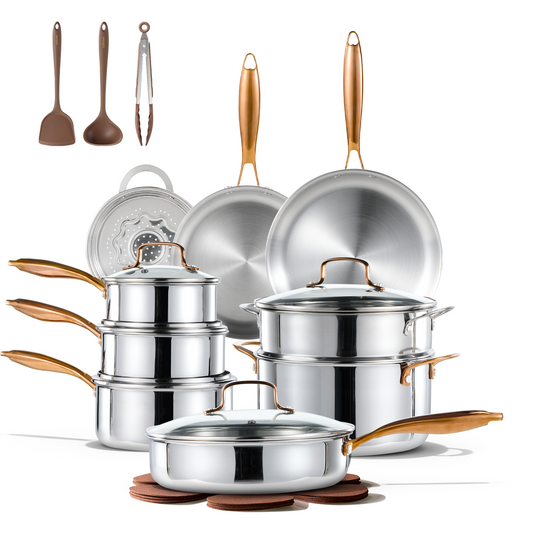 CAROTE 23pcs Tri-Ply Stainless Steel Cookware Set, Pots and Pans Set, Non Stick Induction Kitchen Cooking Sets, Nonstick Cookware Collection, with Utensil, Silver