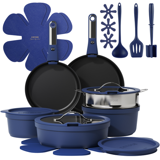 Carote 22 Pcs Nonstick Pans Set, Nonstick Skillets with Detachable Handle, Oven Safe, Induction Cookware, Stackable Kitchen Set, Blue