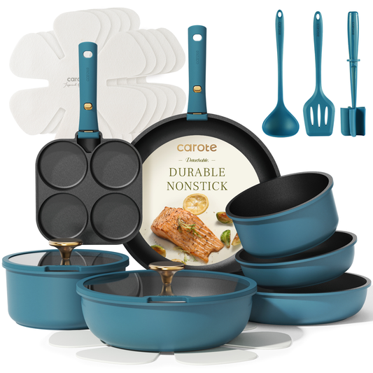 "  Carote 21 Pcs Nonstick Cookware Sets, Pots and Pans Set with Detachable Handles, Oven/Dishwasher Safe, Stackable Kitchen Cooking Set, Induction Cookware, Peacock Blue"