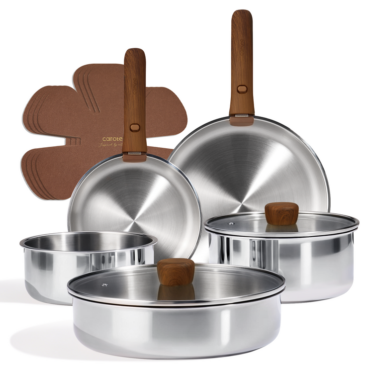 CAROTE 13pcs Tri-Ply Stainless Steel Cookware Set with Detachable Handle, Pots and Pans Set, Induction Kitchen Cooking Sets, RV/Camping Cookware SS TIKTOK