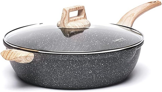 CAROTE 12.5 Inch Nonstick Deep Frying Pan with Lid, 6.5 Qt Jumbo Cooker Saute Pan with Pour Spout, Skillet Induction Cookware, Non Stick Cooking Pan PFOA Free, Classic Granite