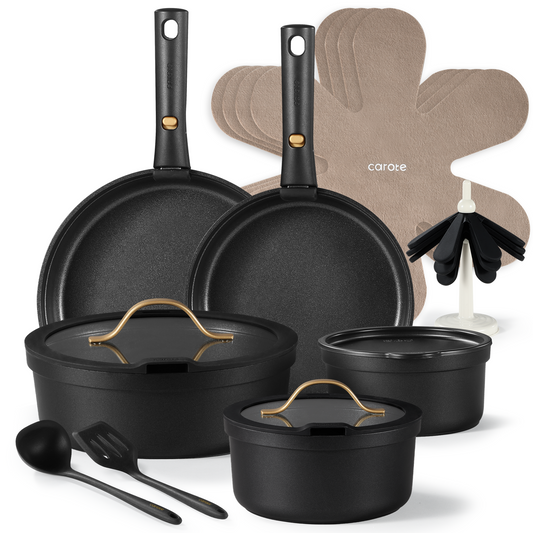 CAROTE 20pcs Cookware Set Nonstick Detachable Handle Set, Cooking Sets,Black