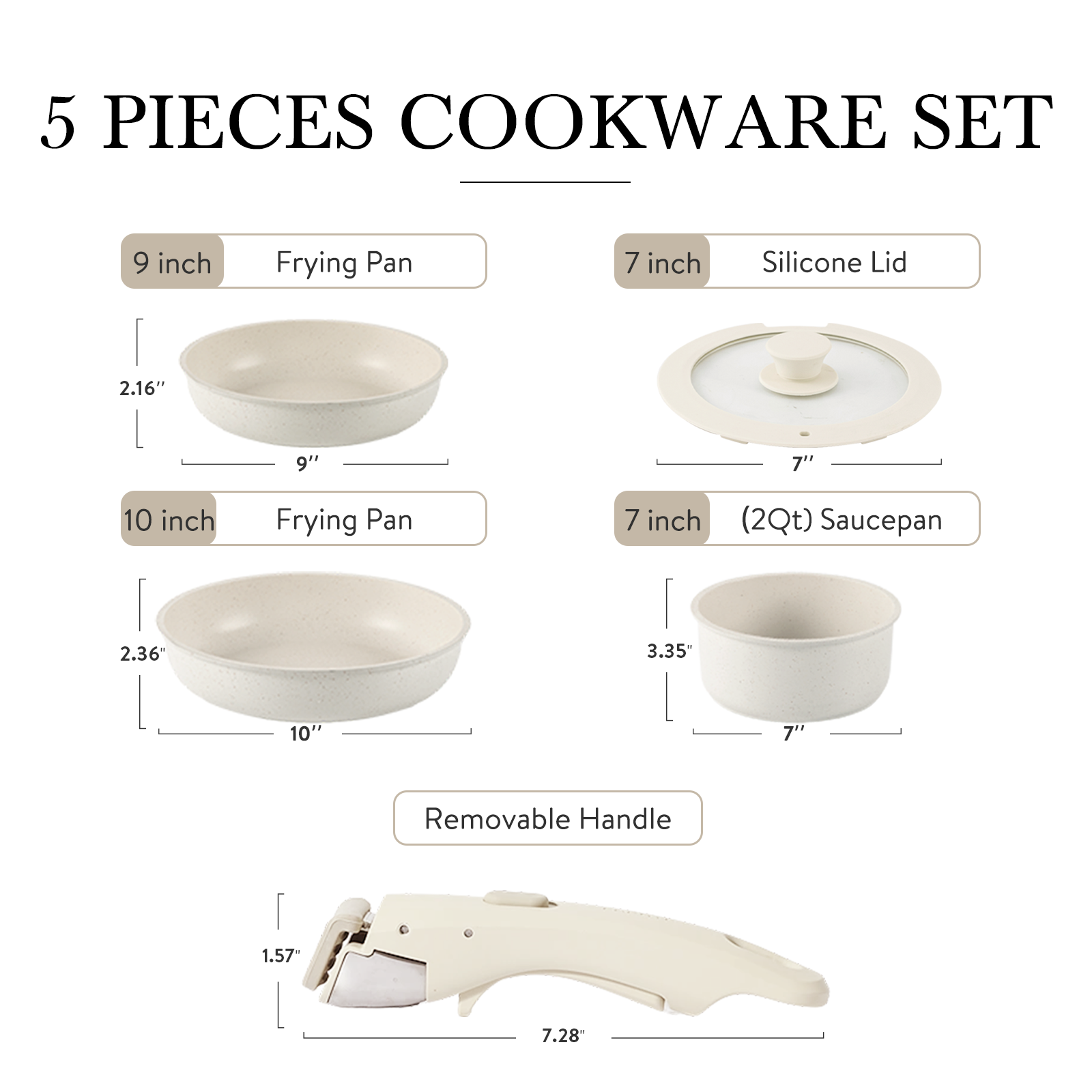 CAROTE 5-Piece Nonstick Cookware Set with Detachable Handles - White