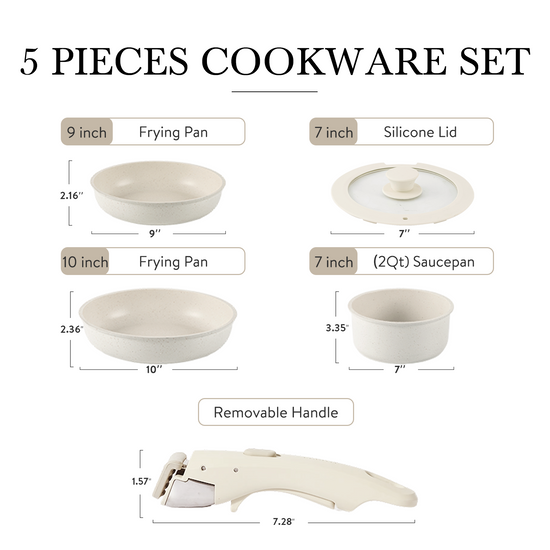 CAROTE 5Piece Nonstick Cookware Set with Detachable Handles White